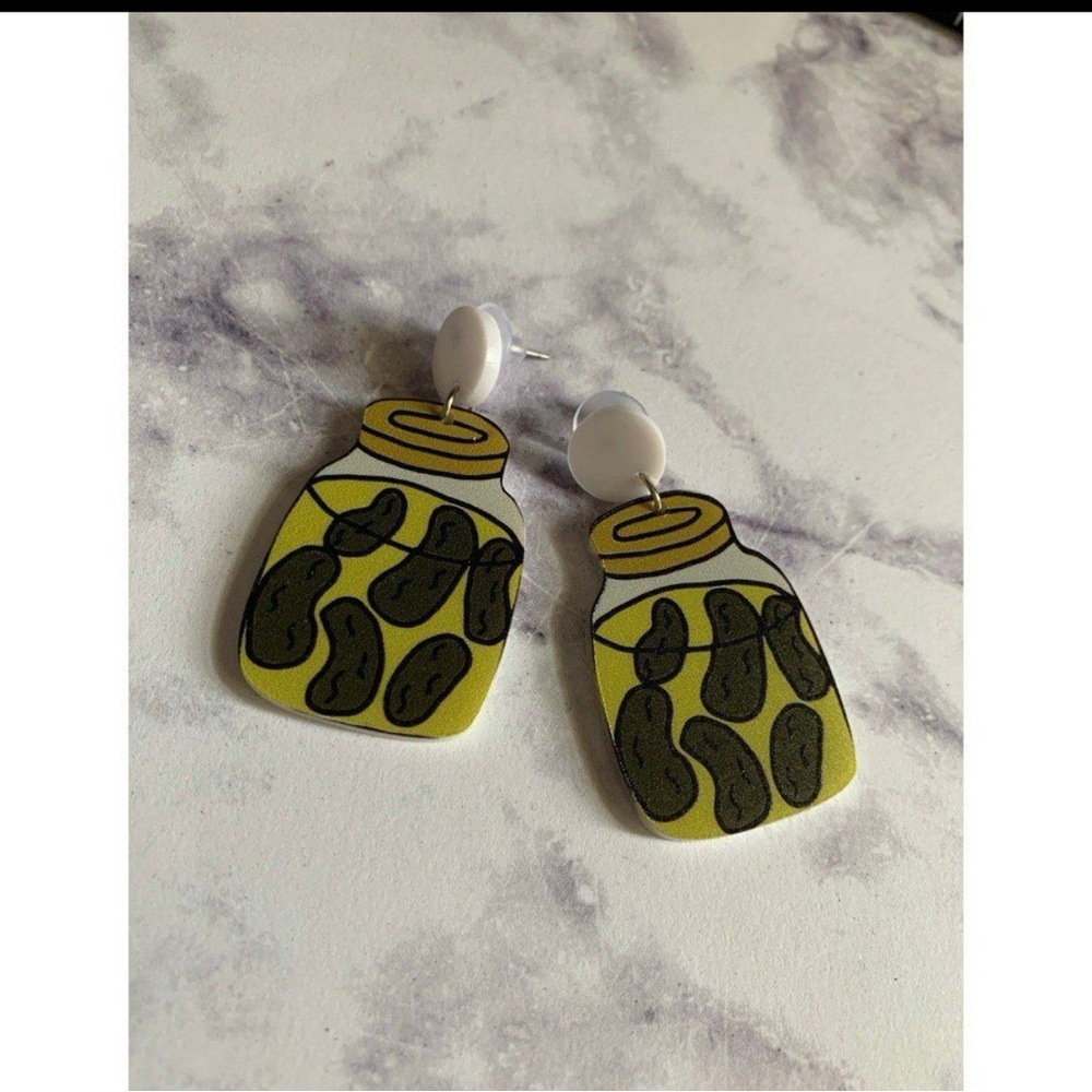 Pickle Jar Earrings - Quirky Green and Yellow